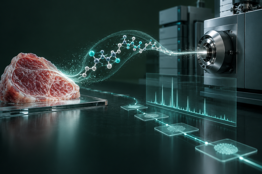 Conceptuele wetenschappelijke AI-illustratie bij Chain of custody bij peptideanalyse uitgelegd; geen foto uit het onderzoek.