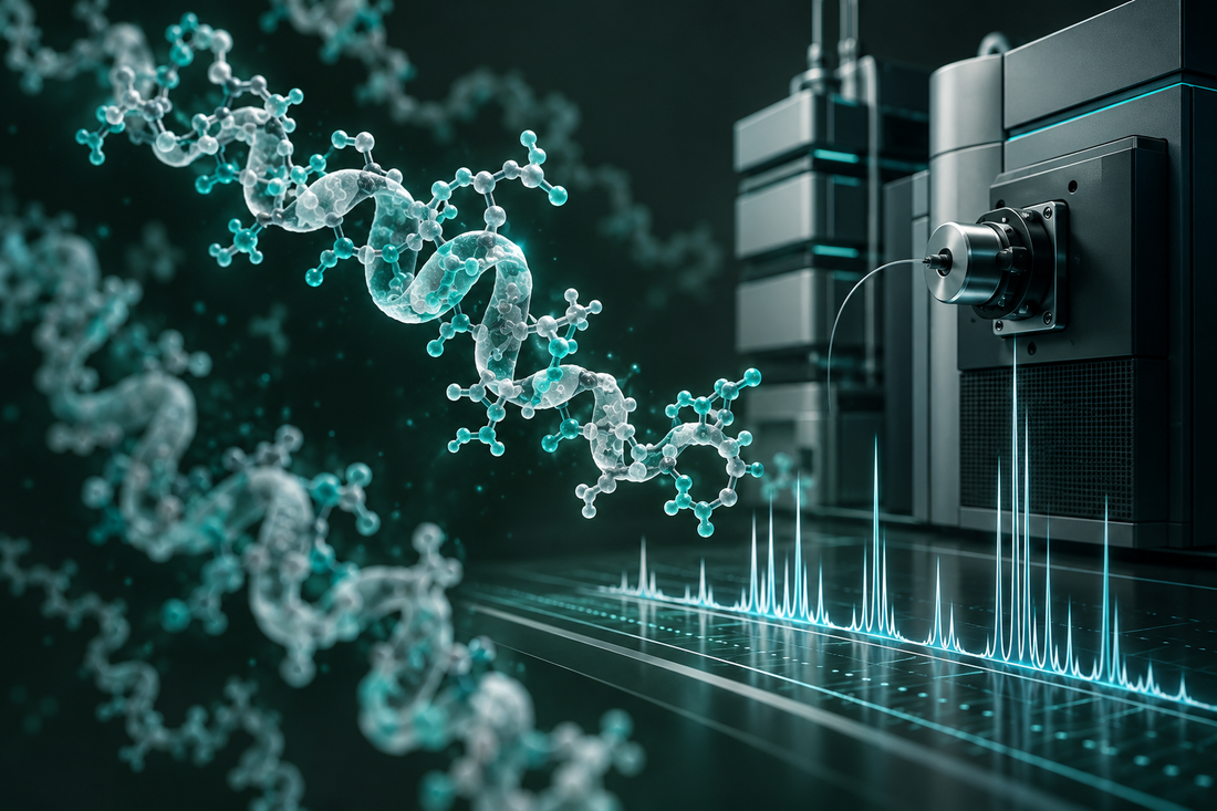Conceptuele wetenschappelijke AI-illustratie bij Peptide-referentiestandaarden uitgelegd; geen foto uit het onderzoek.