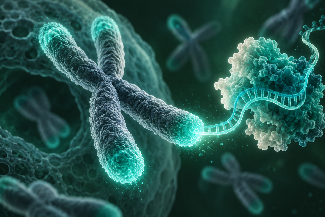 Conceptuele wetenschappelijke AI-illustratie bij Epitalon / Epithalon en telomerase: wat laat celonderzoek zien?; geen foto uit het onderzoek.