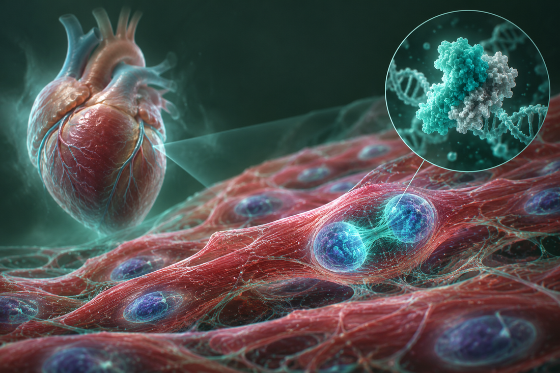 Conceptuele wetenschappelijke AI-illustratie bij Cardiogen in hartweefselculturen: proliferatie en p53; geen foto uit het onderzoek.