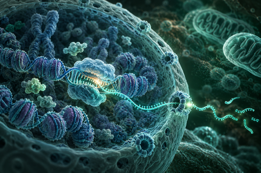 Conceptuele wetenschappelijke AI-illustratie bij MOTS-c en de celkern: genexpressie tijdens metabole stress; geen foto uit het onderzoek.