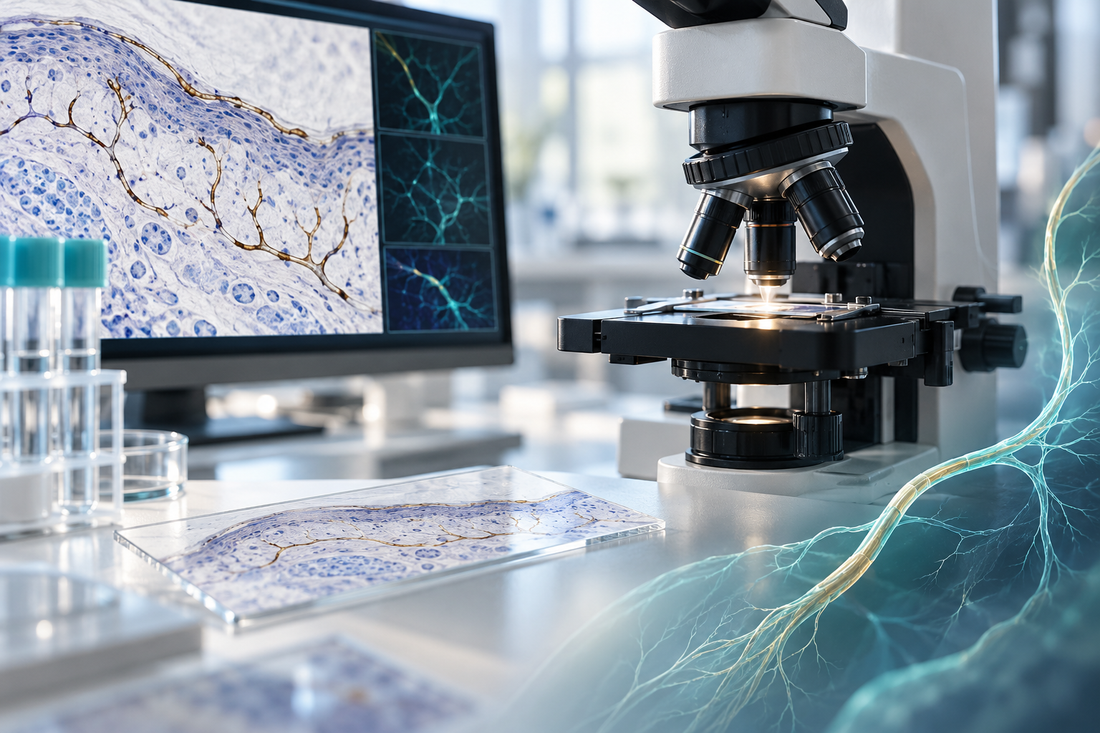 Illustratief laboratoriumbeeld met weefselpreparaat en microscoop bij cibinetide en ARA-290-onderzoek.