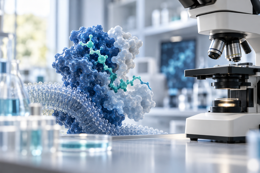 Illustratief laboratoriumbeeld met abstract molecuulmodel en microscoop bij bremelanotide en PT-141.