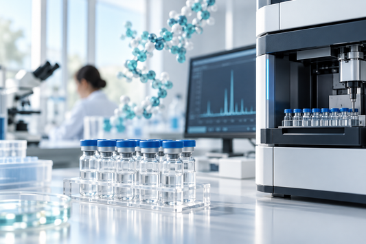 Illustratief endocrinologisch laboratorium met monsterbuizen en analyseapparatuur bij CJC-1295 met DAC.