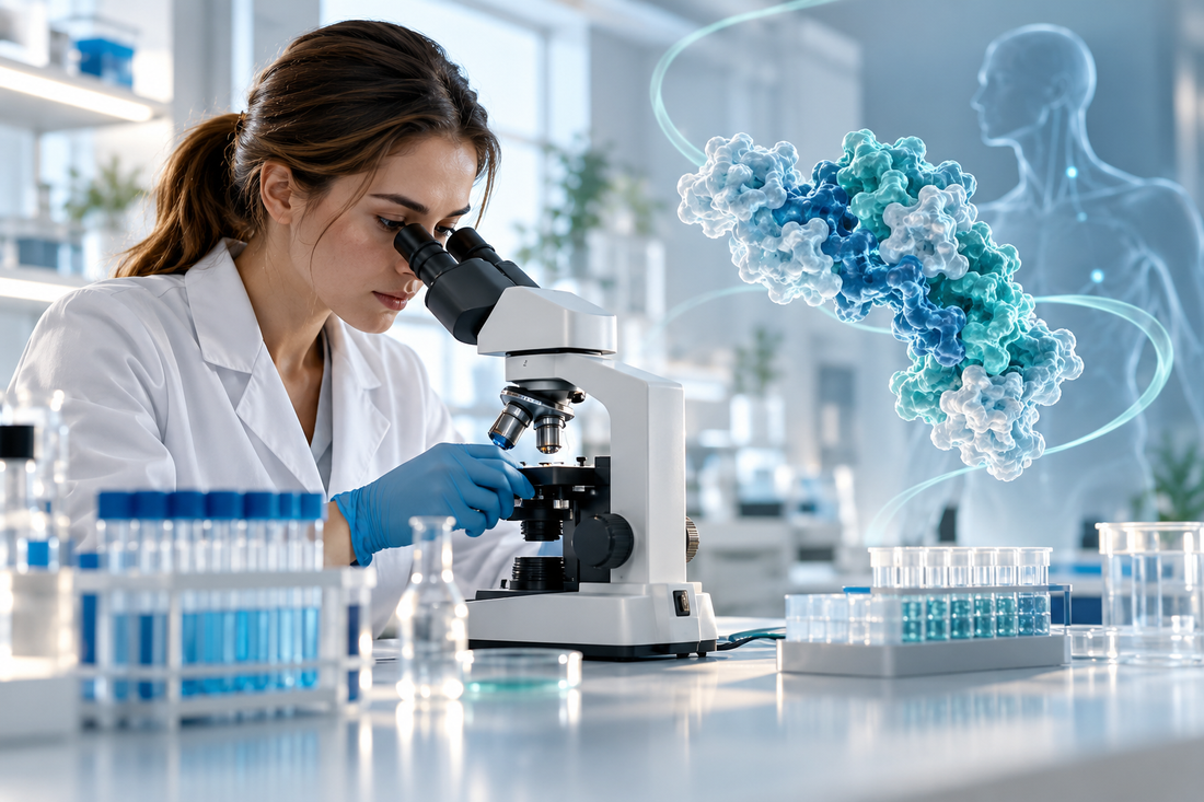 Illustratief laboratoriumbeeld met monsterrek en microscoop bij ipamorelin-onderzoek.