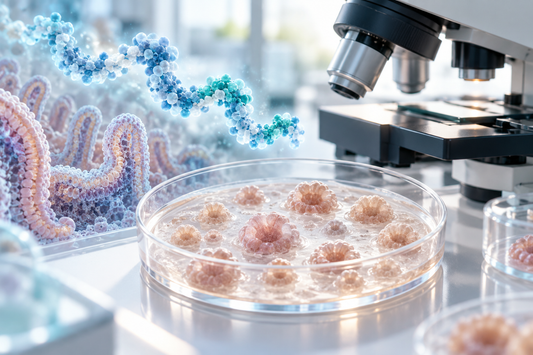 Illustratief laboratoriumbeeld met organoïden, darmweefselmodel en microscoop bij KPV-onderzoek.