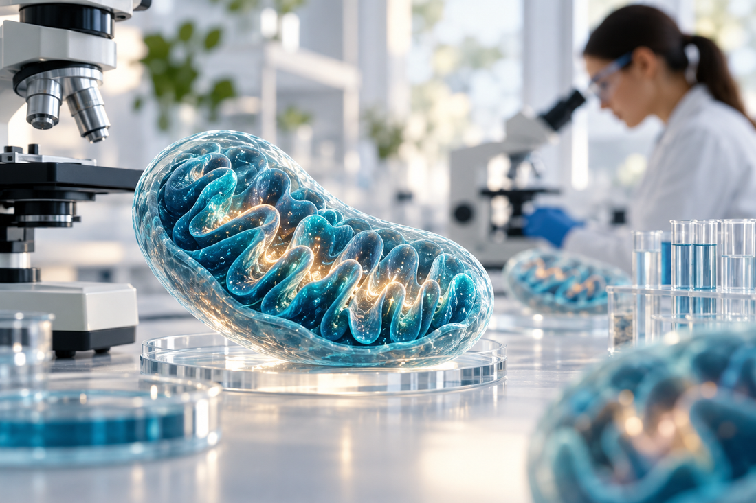 Illustratief laboratoriumbeeld met abstracte mitochondriën bij onderzoek naar elamipretide en SS-31.