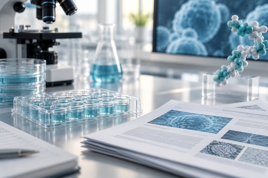 Illustratief laboratoriumbeeld met celkweekplaat en onderzoeksdocumenten bij tesamorelin-onderzoek.