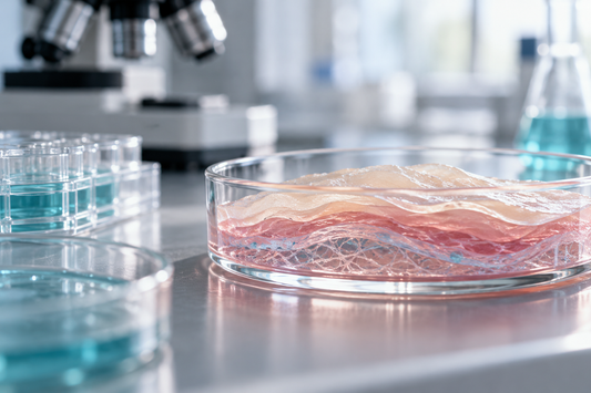 Illustratief laboratoriumbeeld met weefselmodel en petrischaal bij onderzoek naar thymosin beta-4 en TB-500.