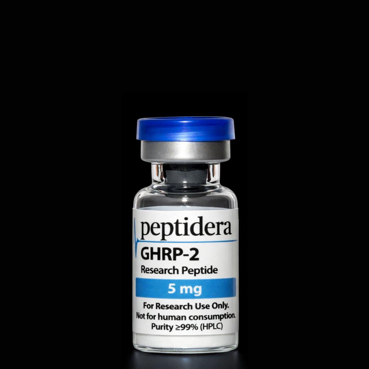 GHRP-2 – 5 mg research product vial on black background