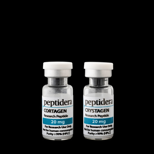Cortagen en Crystagen research bundle – twee vials van 20 mg op zwarte achtergrond