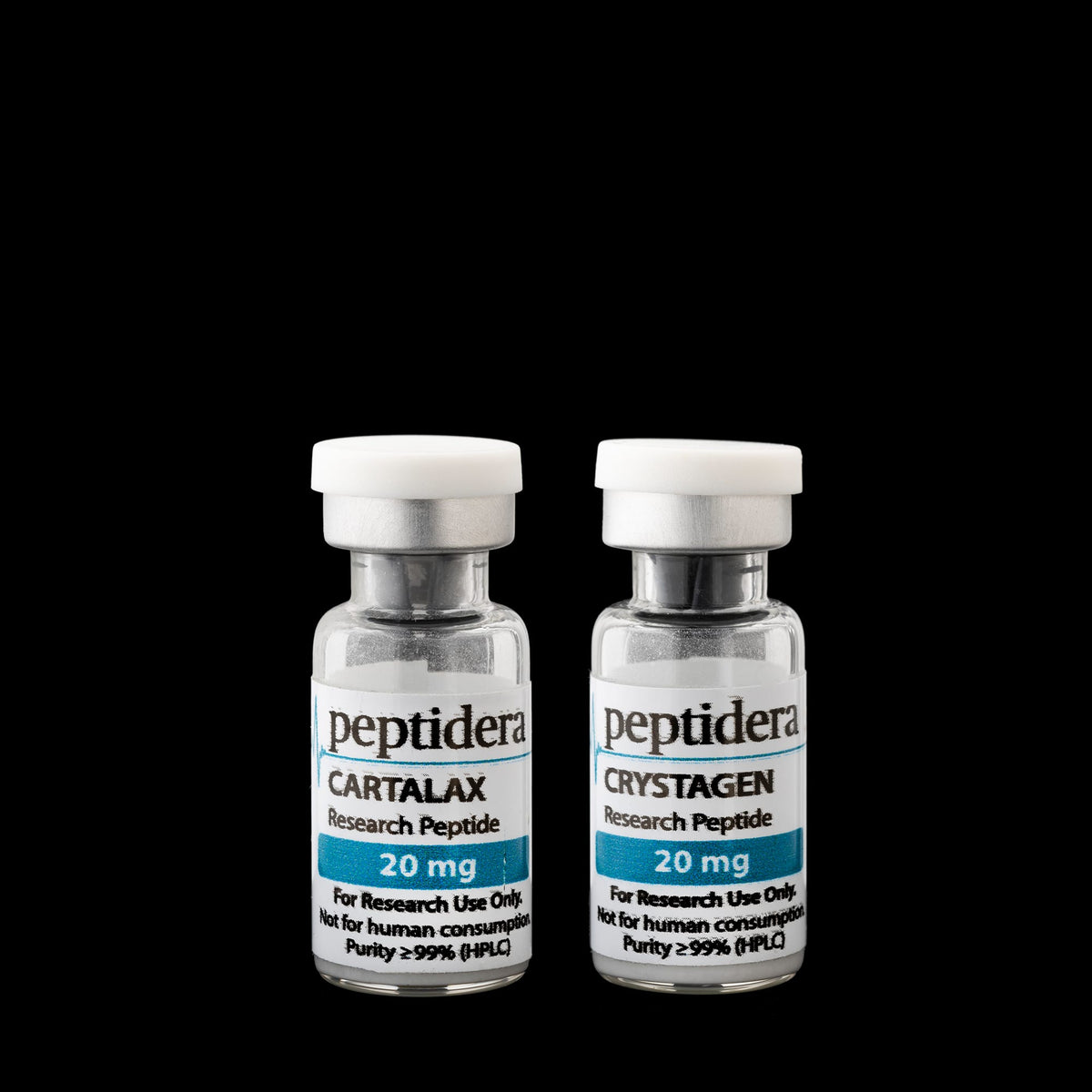 Cartalax en Crystagen research bundle – twee vials van 20 mg op zwarte achtergrond