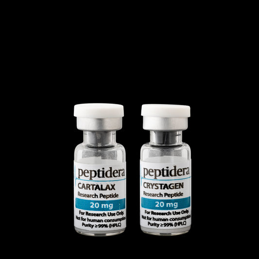 Cartalax en Crystagen research bundle – twee vials van 20 mg op zwarte achtergrond