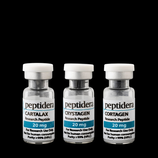 Cartalax, Crystagen en Cortagen research bundle – drie vials van 20 mg op zwarte achtergrond