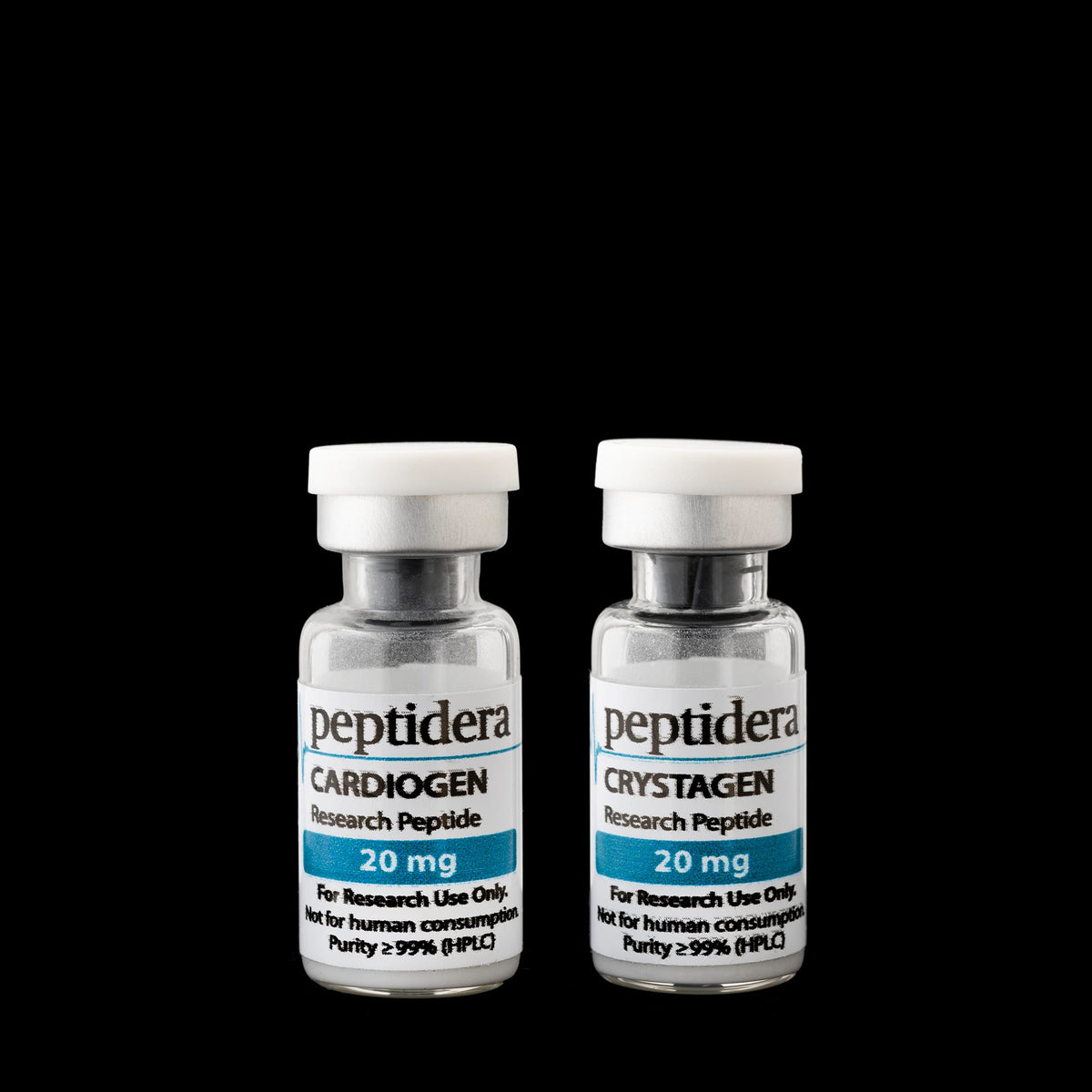 Cardiogen en Crystagen research bundle – twee vials van 20 mg op zwarte achtergrond