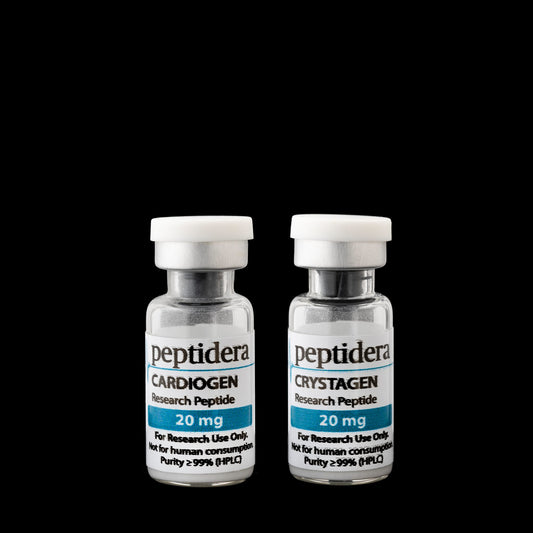 Cardiogen en Crystagen research bundle – twee vials van 20 mg op zwarte achtergrond