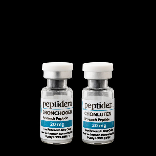 Bronchogen en Chonluten research bundle – twee vials van 20 mg op zwarte achtergrond