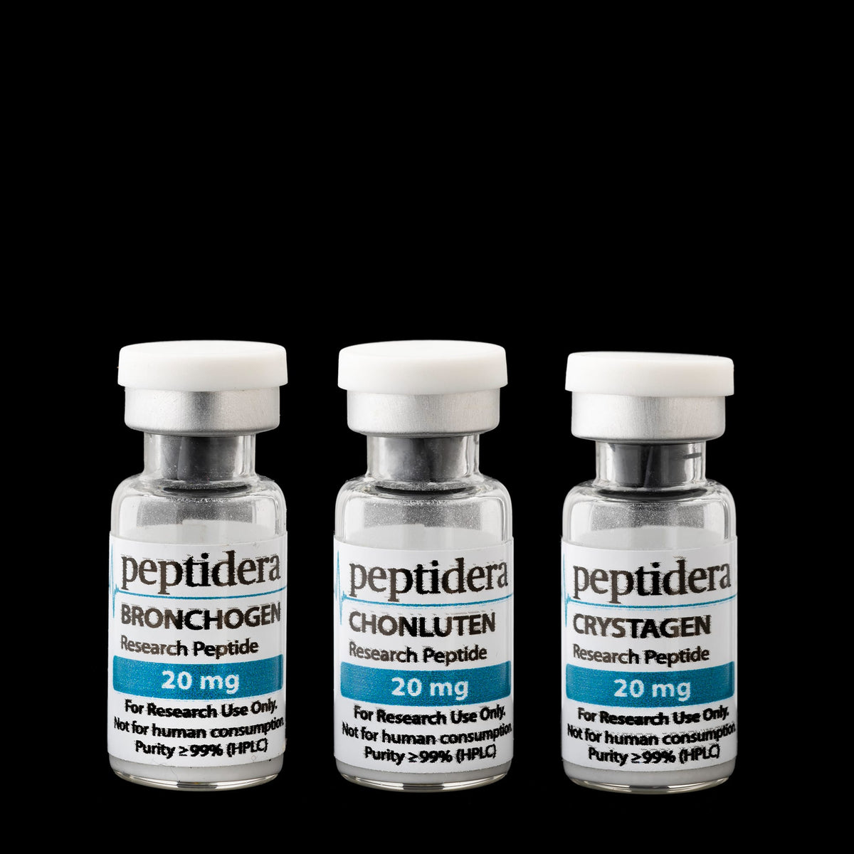 Bronchogen, Chonluten en Crystagen research bundle – drie vials van 20 mg op zwarte achtergrond