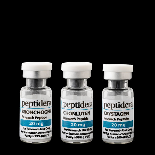 Bronchogen, Chonluten en Crystagen research bundle – drie vials van 20 mg op zwarte achtergrond